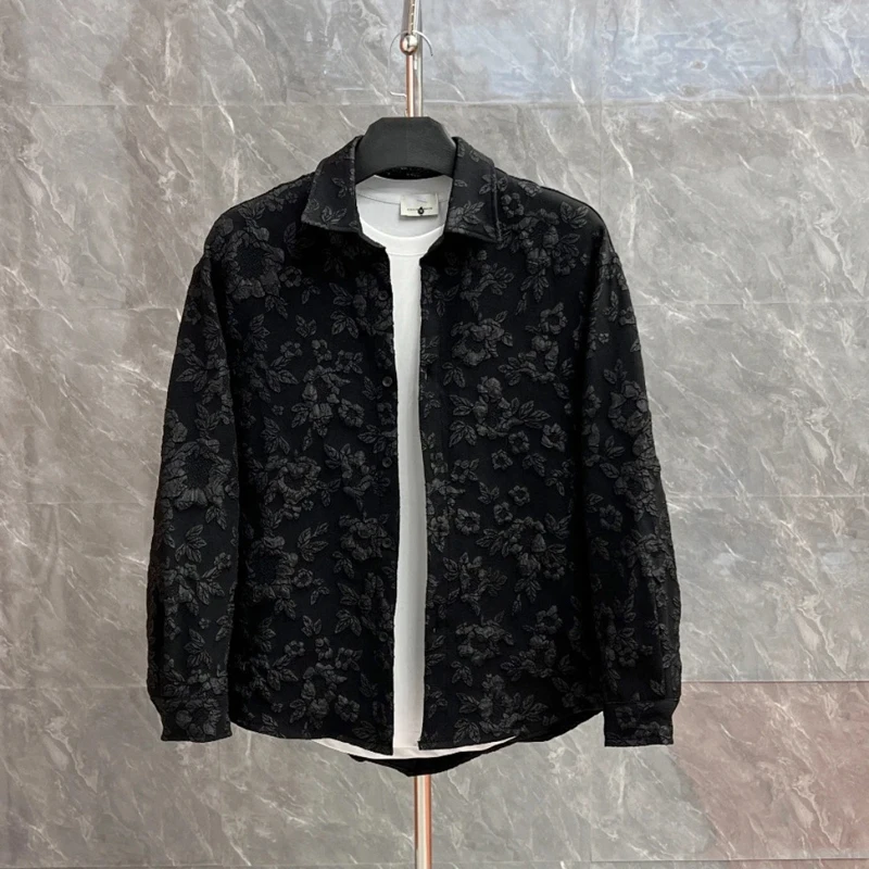 

Vintage Tailcoat Floating Jacquard Shirts For Men Long Sleeved Lapel Versatile Top Spring Autumn Fashion Streetwear Shirt