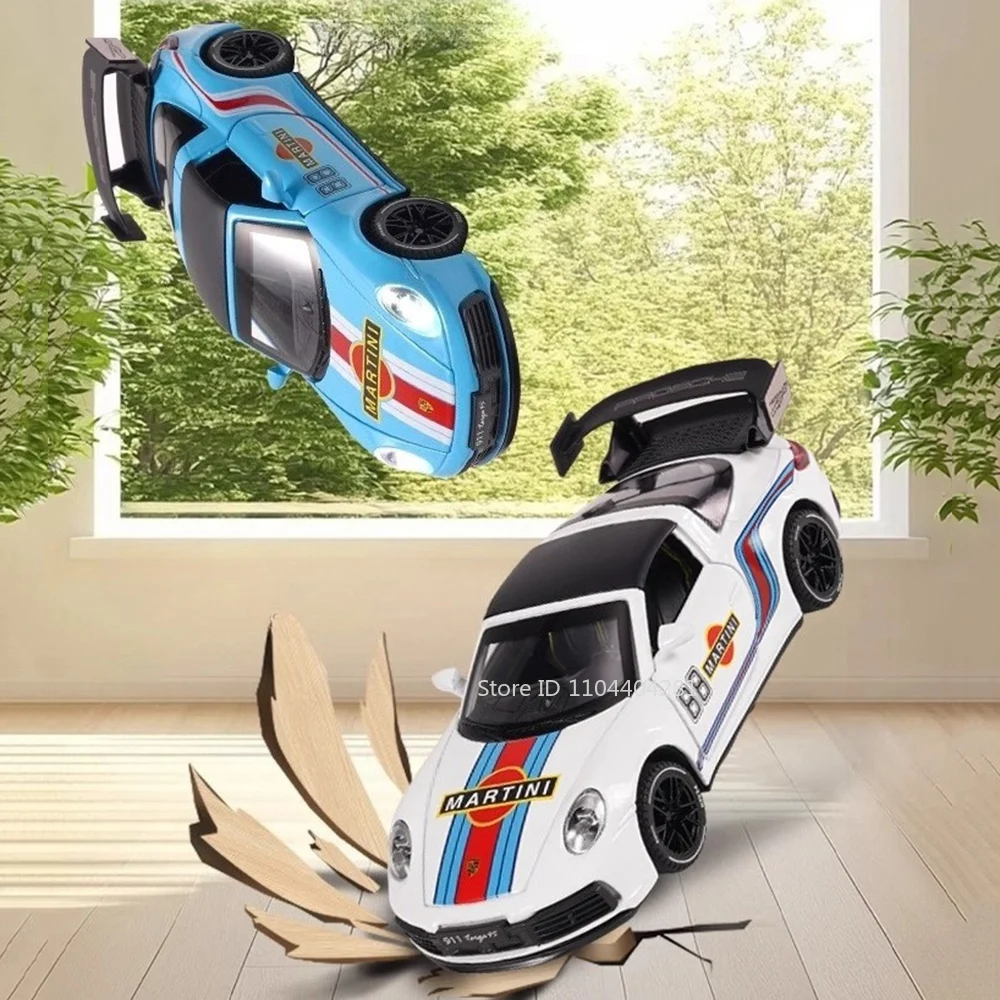 1:32 911 Martini GT3 Diecast Legering Sportwagen Modellen Speelgoed Deuren Geopend Geluid Licht Trek Voertuigen Tractor Kinderen Verjaardagscadeautjes