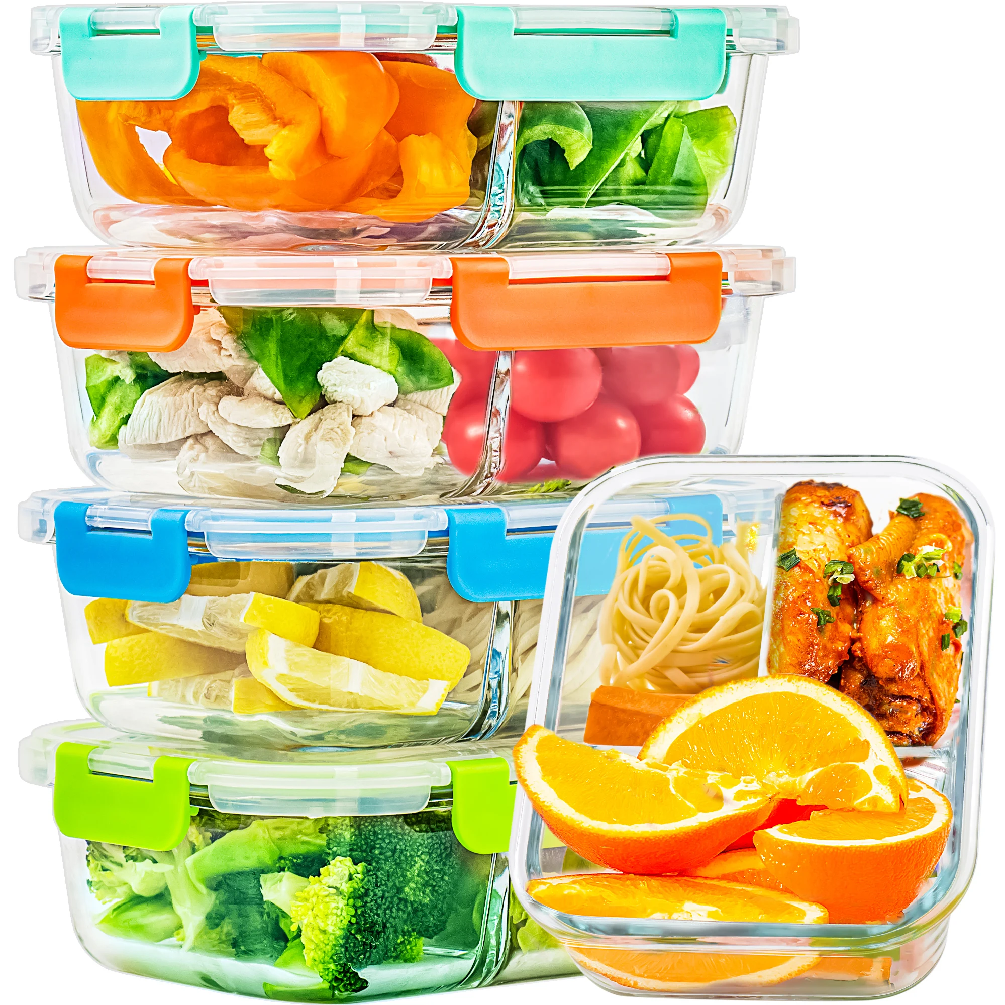 5-Pack,3 Compartment Glass Meal Prep Containers Set,34oz, Divided Glass Food Storage Containers with Lids,