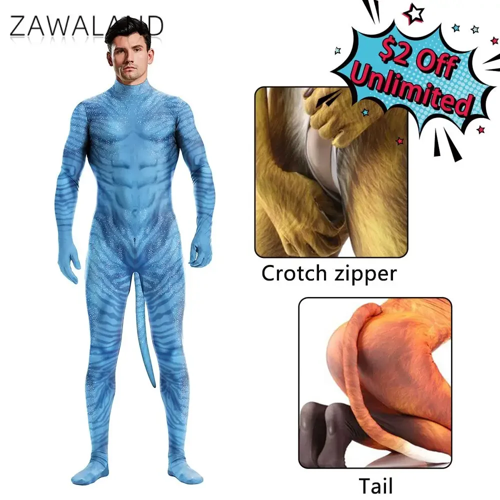 Zawaland Avatar Cosplay Kostuum Carnaval Vermomming Catsuit Festival Volledige dekking Petsuit Vakantiefeest Zentai bodysuit met staart