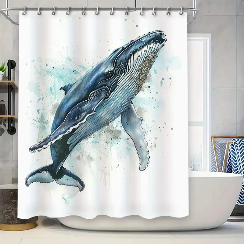 

Whale Bathing Blue Art Shower Curtain Waterproof Home Decor Watercolor Fish Design Bathroom Accessories Decoration Free Shipping