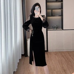 New High Quality Autumn Velvet Spliced Lace Sheath Dress Elegant Women Beaded O Neck Lantern Sleeve Split Bodycon Midi Vestidos