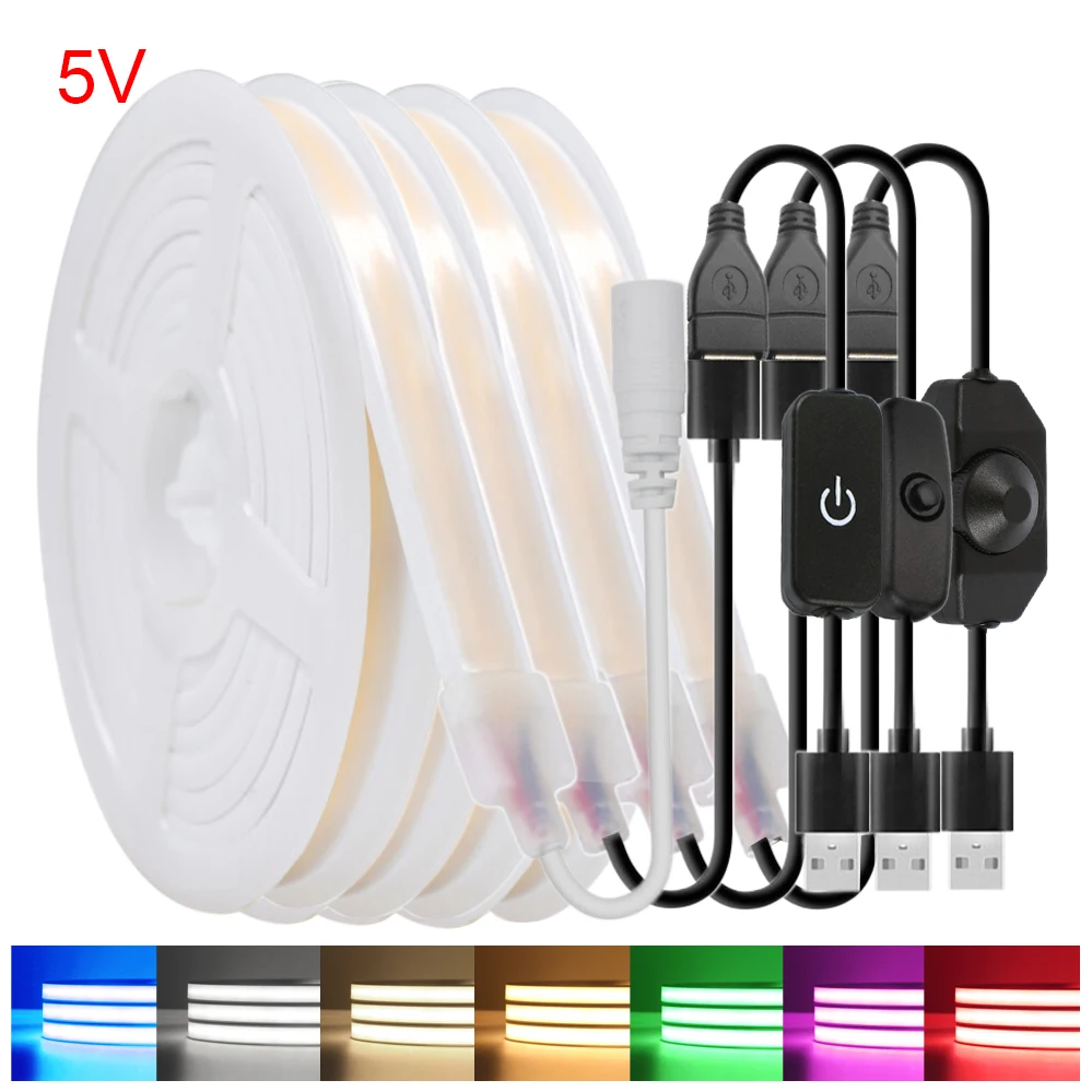 

New 5V COB LED Neon Strip Light USB Power with Dimmer Switch 11mm Width 320LED/m High Density Linear Lighting 7 Colors Backlight