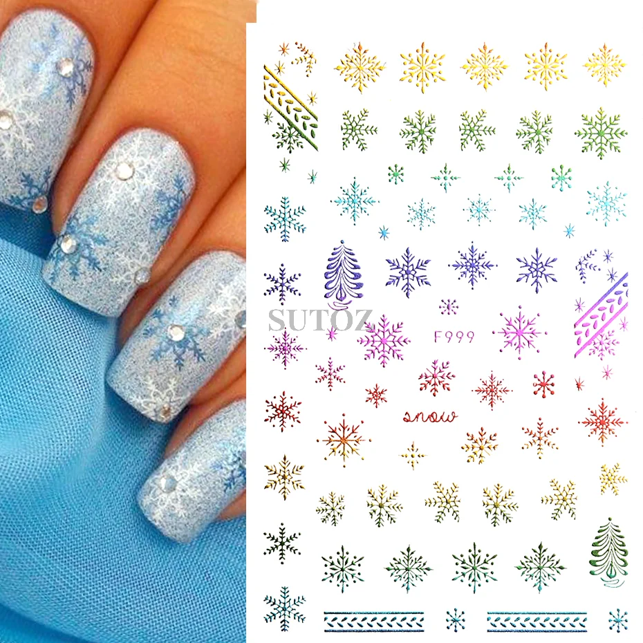 Christmas Glitter Nail Art Stickers 3D Self-Adhesive Color Laser Snowflake Striped Decals Xmas Winter Holiday Nail Supplies F998