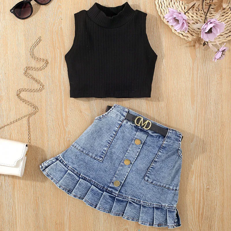 

3Piece Summer Clothes Girls Outfit Sets Korean Fashion Solid Sleeveless Baby Tops+Denim Skirt+Belt Boutique Kids Clothing B221