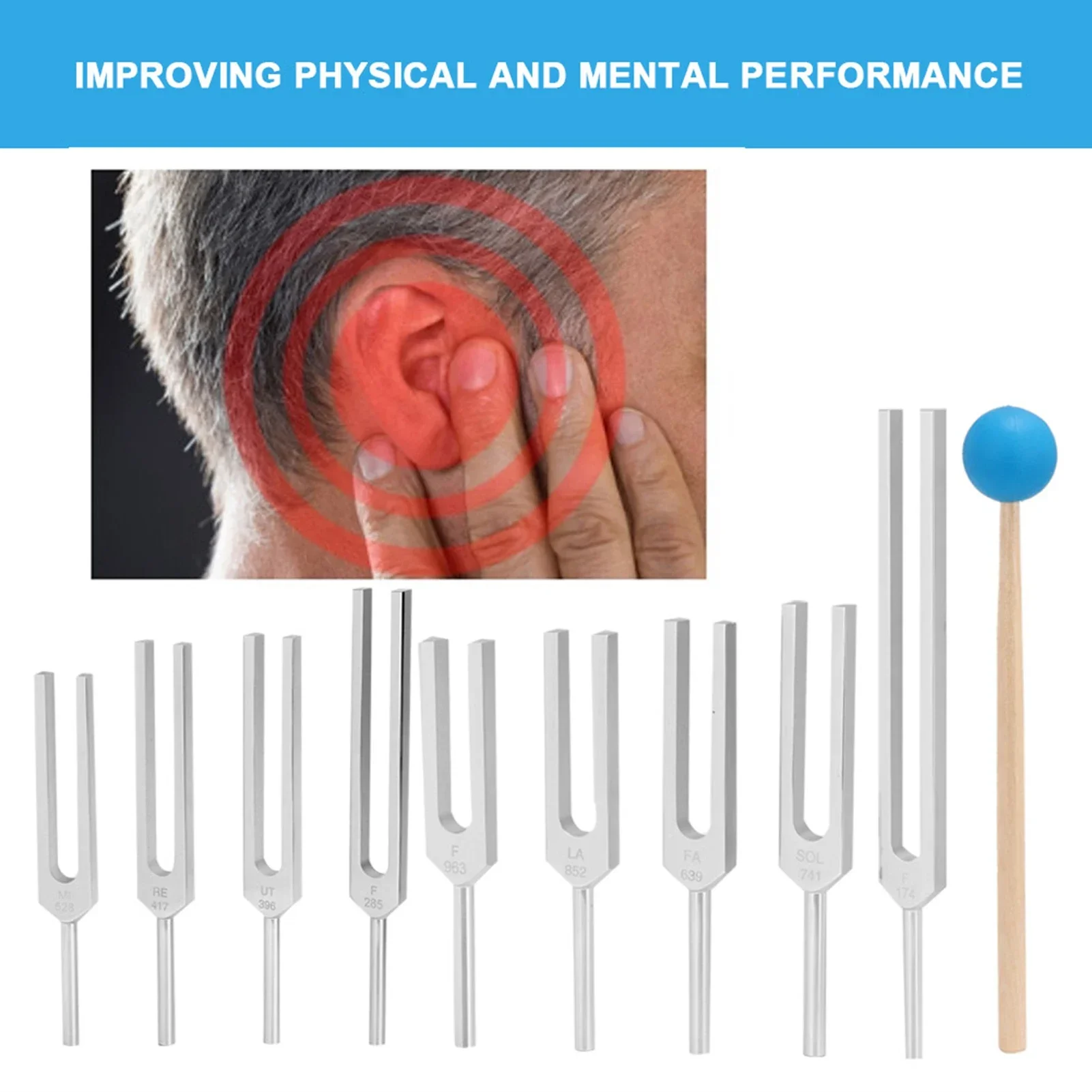 مجموعة علاج الشفاء الصوتي ، أداة ضبط الشوكة ، أداة المطرقة لشكرا ، 174 ، 285 ، 396 ، 417 ، 528 ، 639 ، 741 ، 852 ، 963Hz ، 9 قطعة