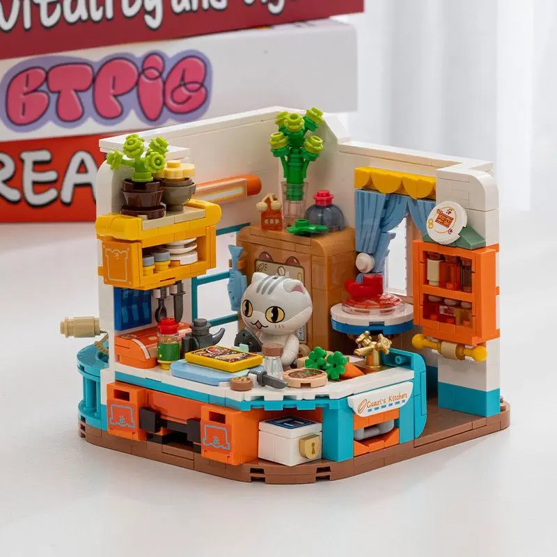 

Строительные блоки для кухни с изображением кошки, креативное украшение для мебели, строительная сборная модель, 3D мультяшная мини-головоломка, детские игрушки, подарок