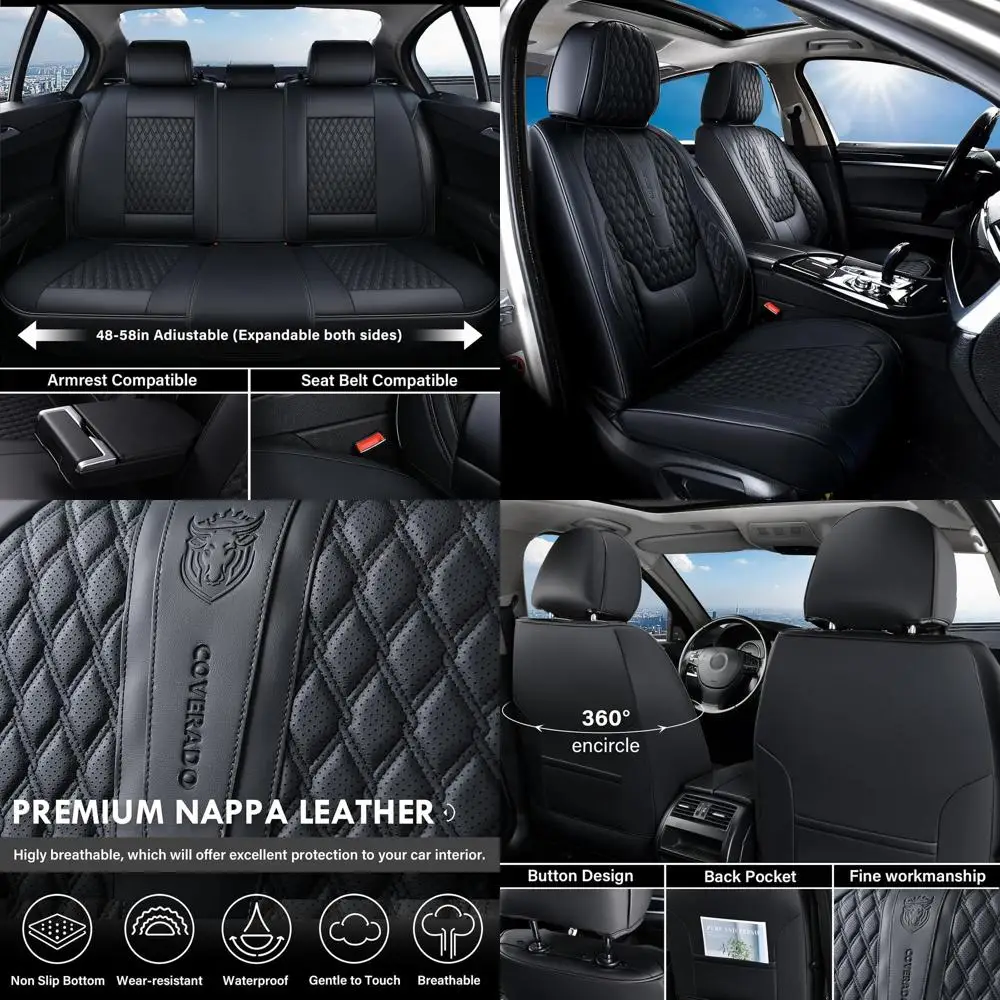 

Car Seat Covers Full Set, Black Seat Covers for Car with Lumbar Support, Nappa Leather Seat Covers Waterproof Car Seat Protector