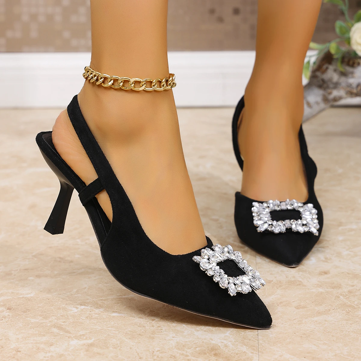 

Crystal Square Buckle High Heels Sandals Women Spring Summer Slip on Pointed Toe Pumps Woman Thin Heel Party Wedding Shoes