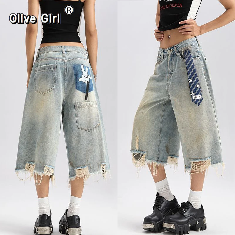 

Женские винтажные джинсовые шорты Olivegirl с эффектом потертости, широкие, летние, свободные, прямые, укороченные брюки в стиле High Street