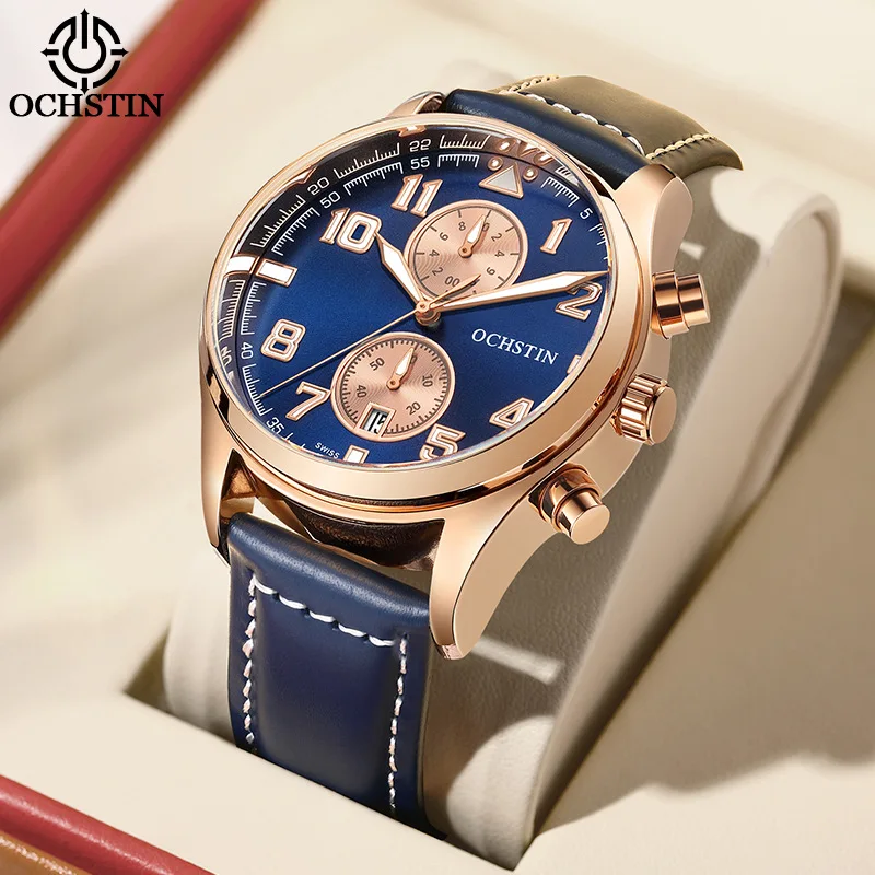 Big brand OCHSTIN new multi-functional 6-pin running seconds leather quartz watch large dial sports men's watch**