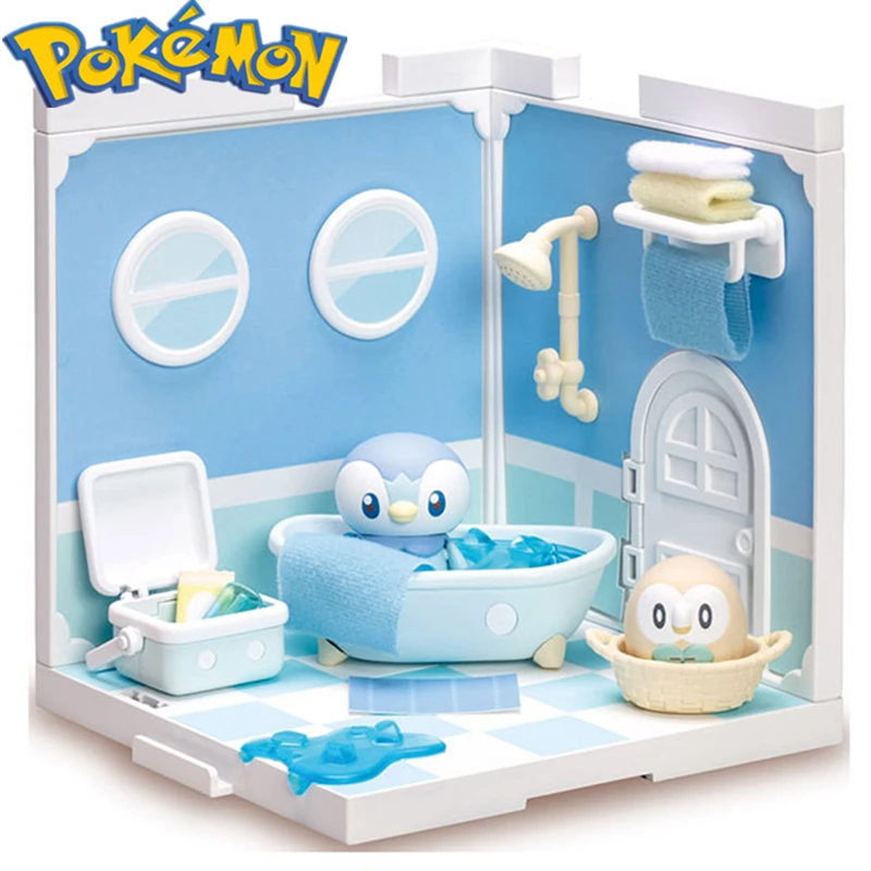 Genuine TOMY Pokemon model kitchen bathroom restaurant miniature scene Pikachu Scorbunny Rowlet Piplup children's toys gifts