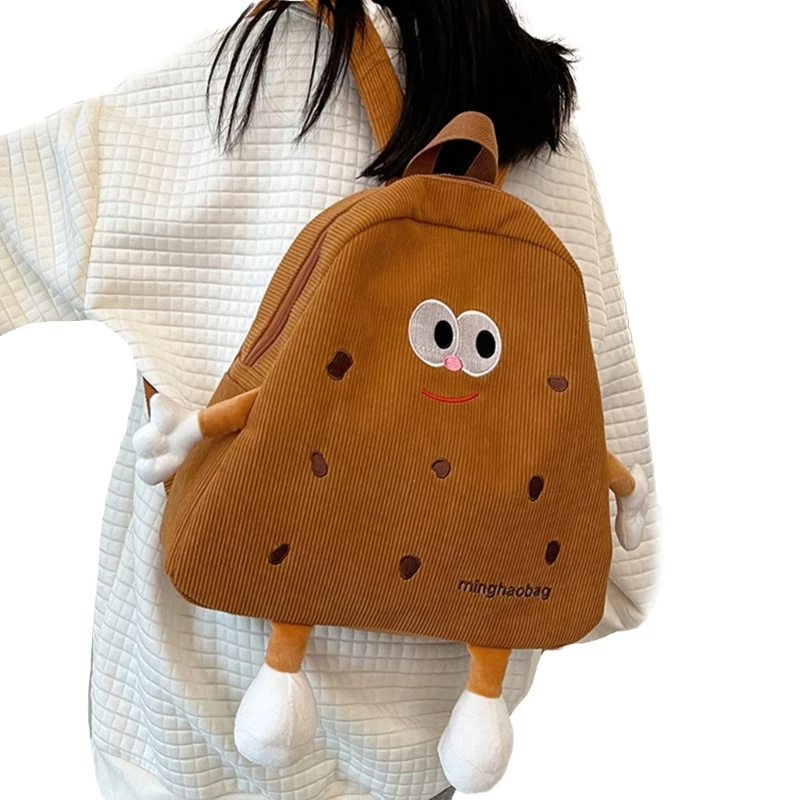 Mochila fofa veludo cotelê para meninas, bolsa escolar desenho animado, bolsa elegante e engraçada