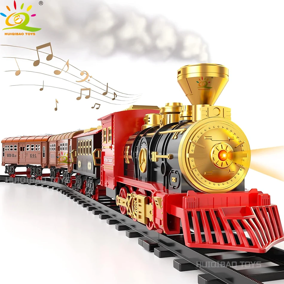 HUIQIBAO Weihnachten Elektrische Zug Spielzeug Set Retro Klassische Lokomotive Motor Fracht Auto Lange Spur Spielzeug Mit Licht und Geräusche Rauch