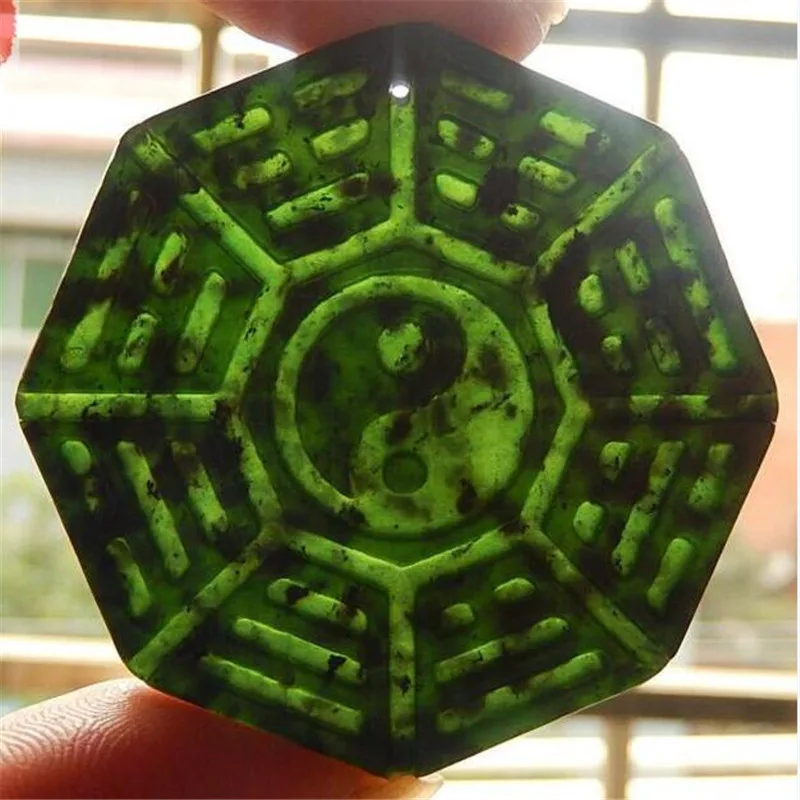 Charm Natural Black Green Stone Jade Carved Chinese TaiJi BaGua Tiger Dragon Lucky Pendant Amulet Rope Necklace Gift Jewelry