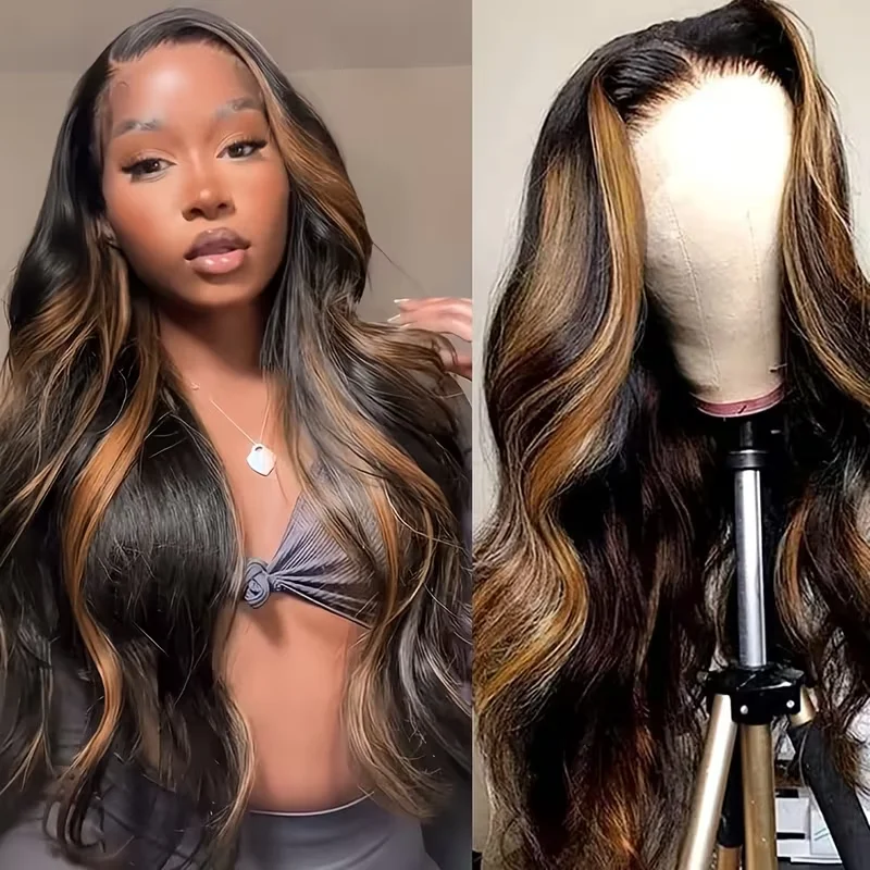 Dialola 1B/30 Highlight 13x6 Lace Frontal Haarwerk van Echt Haar V-Part Ombre Zwart Bruin Gekleurd Voorgeplukt Body Wave Lace Front Pruiken
