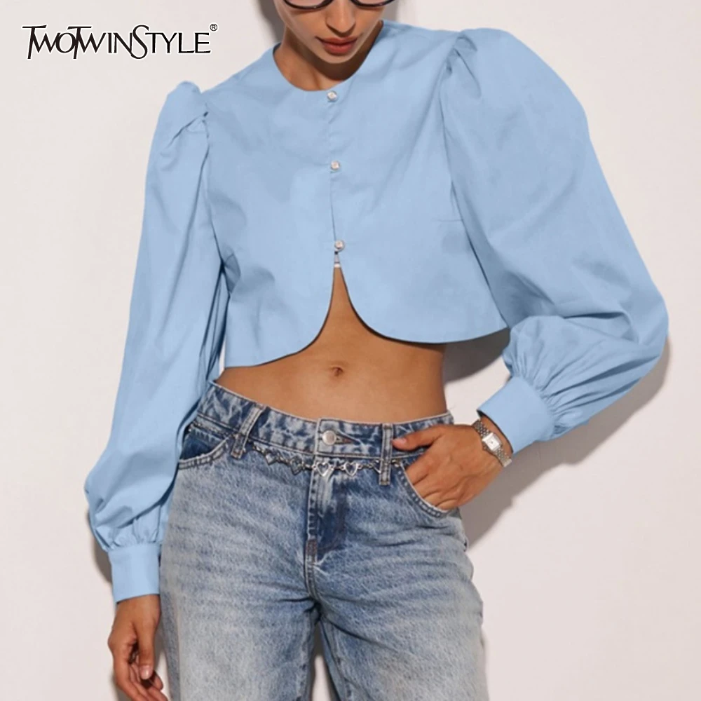 

TWOTWINSTYLE French Sweet Solid Spliced Button Shirt for Women Round Neck Lantern Sleeve Basics Split Design Short Shirts Female