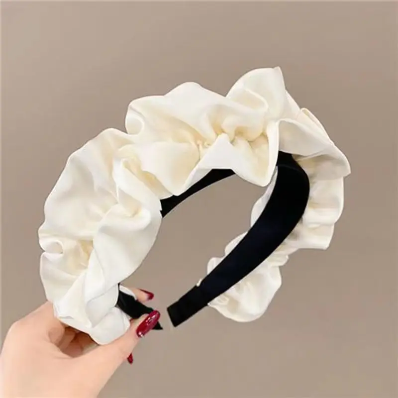New 2023 Korean Big Wide Ruffles Satin Bezel Black Coffee Neutral Solid Color Hairbands for Women Girls Hair Accessories