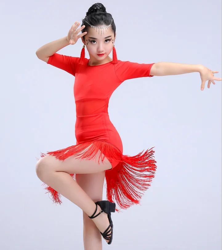 Vestido de baile latino con flecos para niños, traje de baile latino para niñas negras y rojas, trajes de escenario para Tango y Salsa