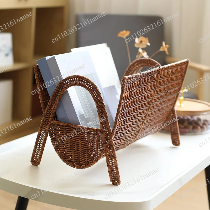 Storage Basket Books Imitation Rattan Magazine Rack Hand Woven Magazine Holder for Farmhouse Dorm Essentials Living Room files