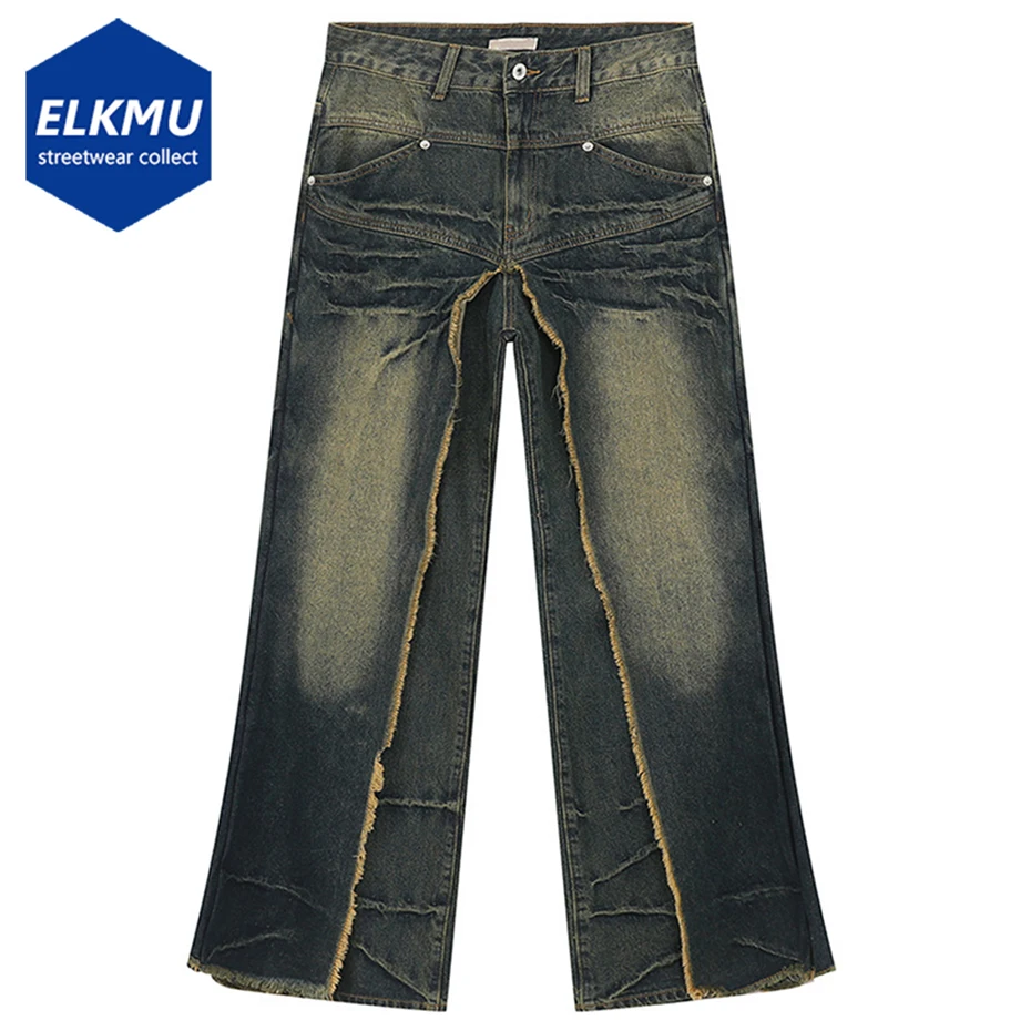 

Vintage Men Jeans Fake Two Piece Denim Pants Retro Black Blue Loose Baggy Jeans Trousers Man Y2K