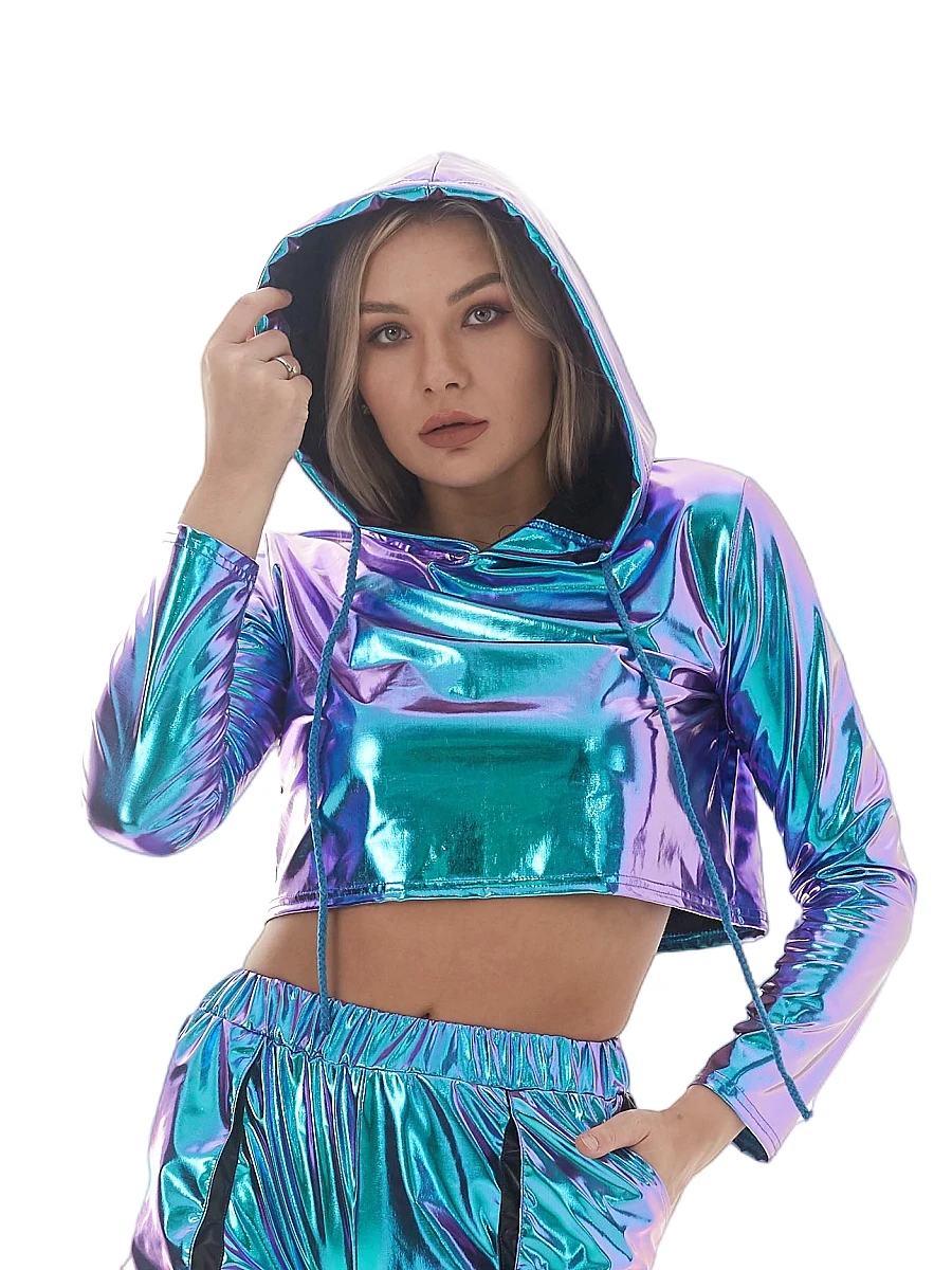 

Women's Cropped Hoodie Casual Pullover Shirt Tops Loose Holographic Wetlook Hooded Sweatshirt Shiny Metallic Crop Top Clubwear