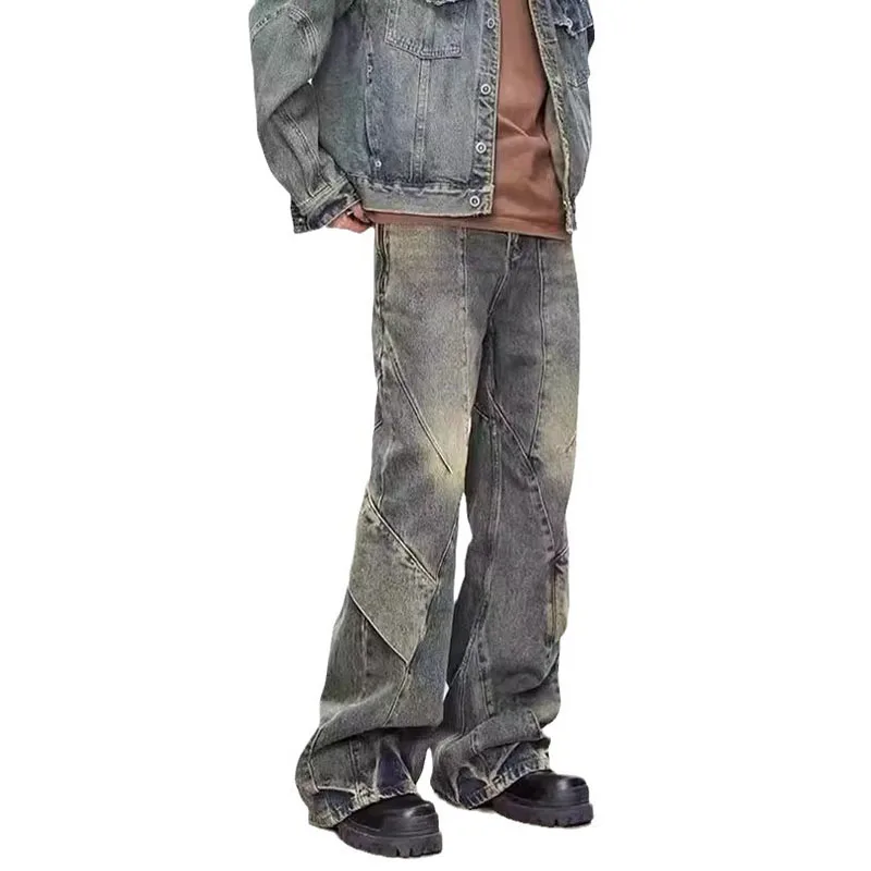 

Men Denim Flare Pants Floor Length Pant Splice High Waist Irregularity Loose Casual Jeans Straight Trousers