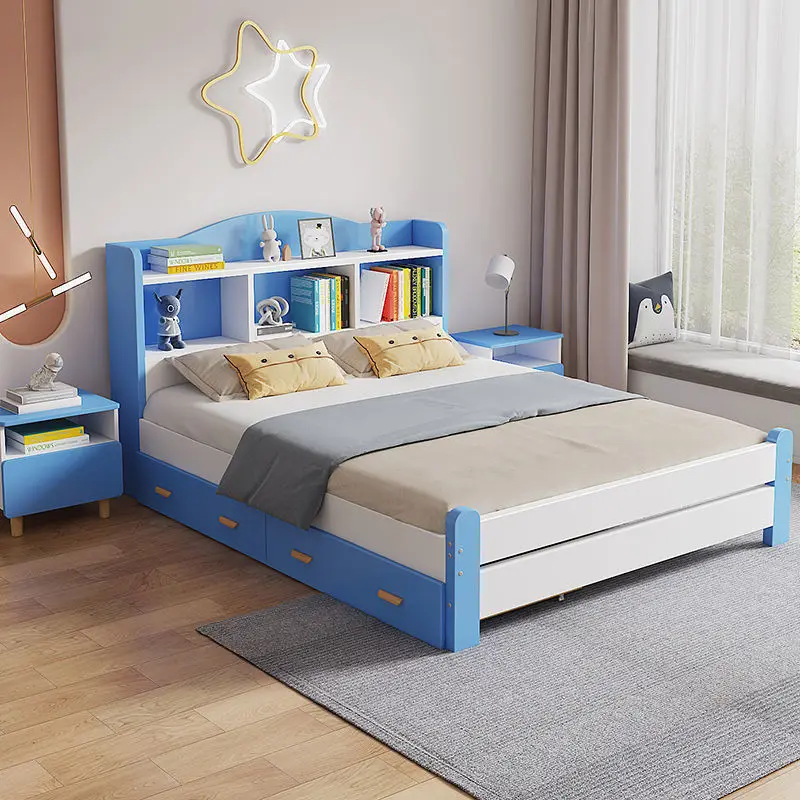 Durable Solid Wood Youth Bed With Bookshelf  Storage Double Bedroom