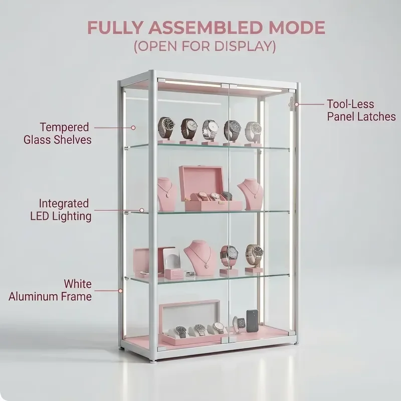 Portable Rotating Glass Display Case with Wheels Ship Flat Custom Showcase for Retail Store