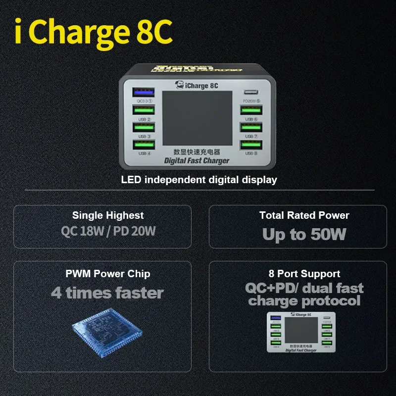 Imagem -06 - Mecânico-icharge 8a 8c Várias Portas Carregador Rápido para Celular Tablet Display Digital Inteligente Fonte de Alimentação Deskstop