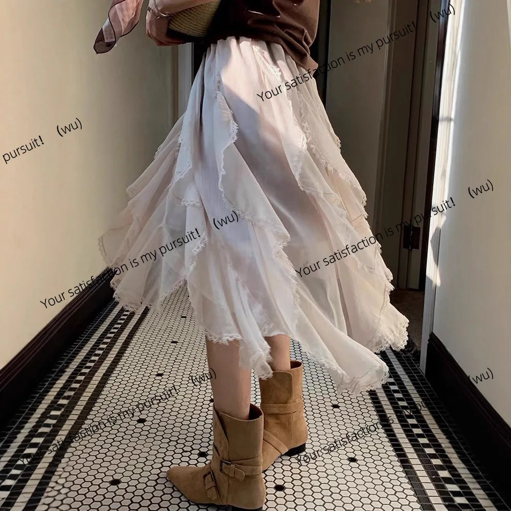 

Женская осенняя юбка с французскими рюшами и нерегулярными кружевными краями, новый дизайн, средняя и длинная юбка контрастного цвета