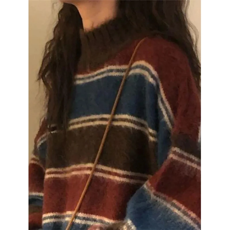 Harajuku Striped Sweater Women Oversized Knitted Pullovers Streetwear Vintage Patchwork Jumpers Preppy Korean Casual Knitwear