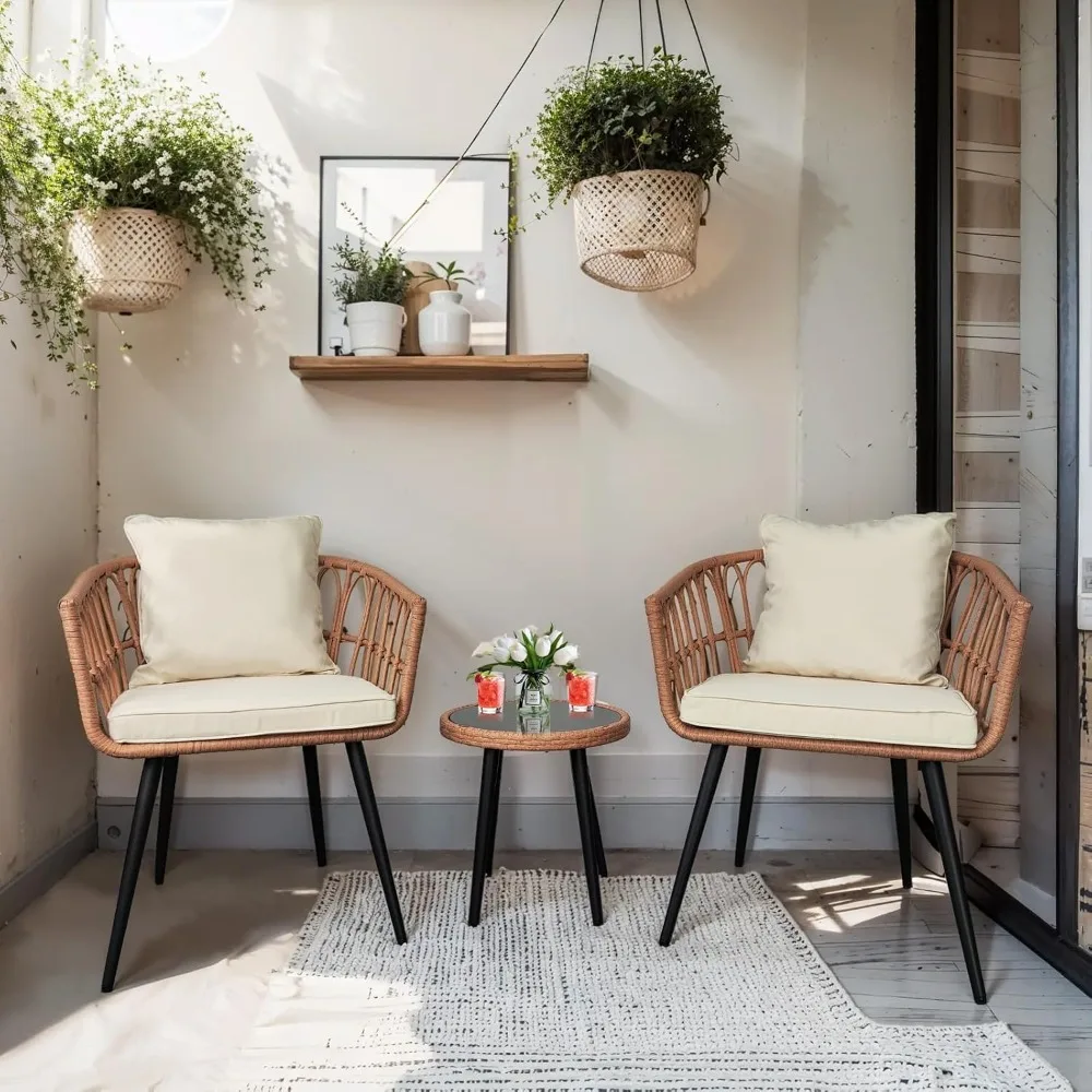 

3 Pieces Patio Conversation Bistro Set, Outdoor Furniture Set, Wicker Patio Furniture Set with Table&Cushions, for Balcony