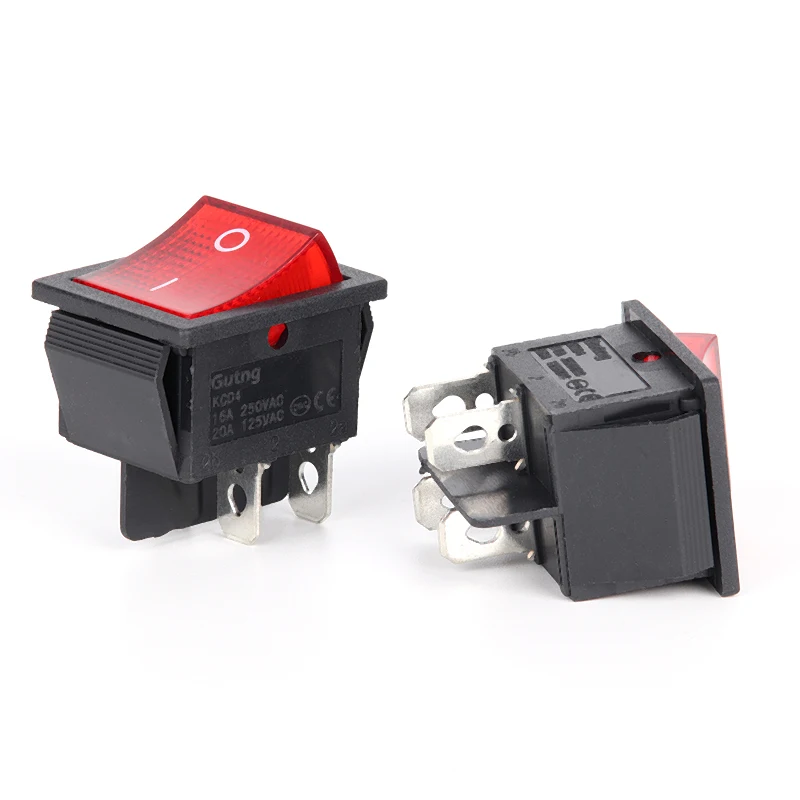 2PCS AC 20A/125V 16A/250V Heavy Duty KCD4 Rocker Switch ON Off DPST 4 Pin With Red Lighted 220V Toggle Switch