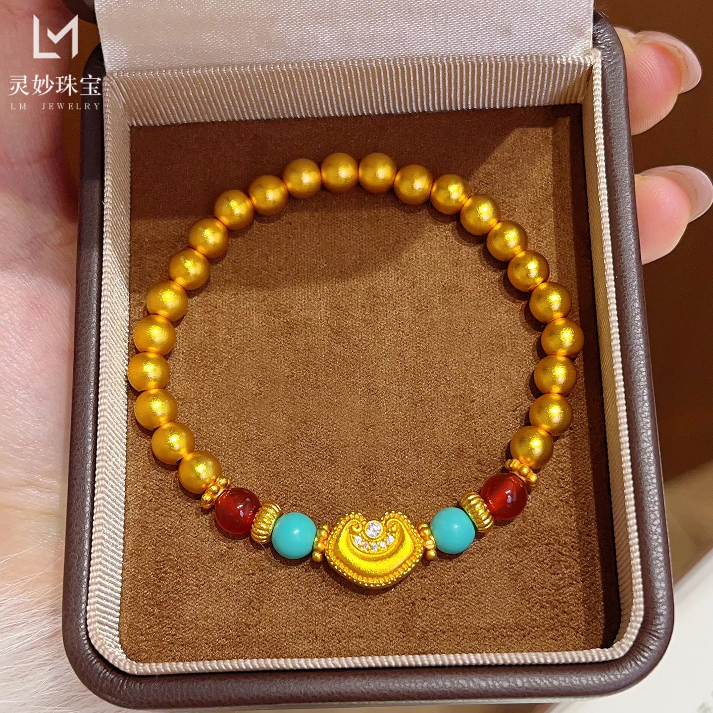 Diamond-Studded Ruyi Fortune Bead Bracelet Women's 24K Gold AU999 - Auspicious diamond ruyi, pure 24K gold, for daily luck