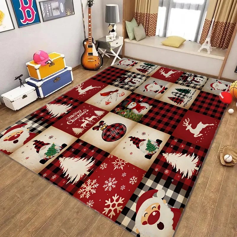 Merry Christmas Red Plaid Rug Elk Santa Snowman Xmas Tree Carpet for Home Living Room Bedroom Sofa Decor Anti-slip Floor Mat