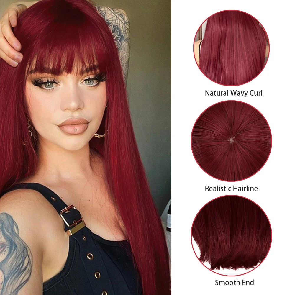 

60cm long Burgundy red bone straight Synthetic wigs with Bangs Heat Resistant rose Net Cap hair DIY halloween Cosplay women wigs