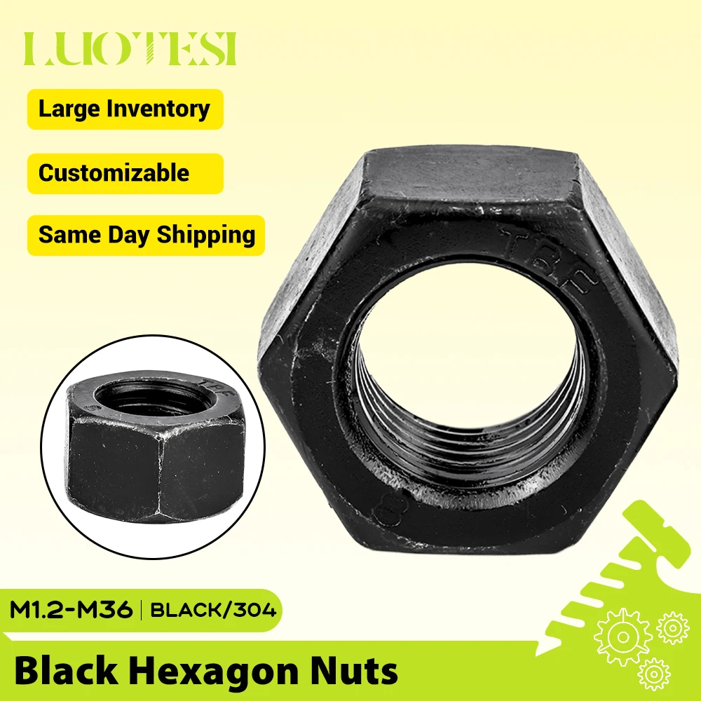 Black Hexagon Nut Black Carbon Stell M1.2 M1.6 M2 M2.5 M3 M3.5 M4 M5 M6 M8 M10 M12 M16 M20 M22 Stainless Steel Hex Nuts DIN934