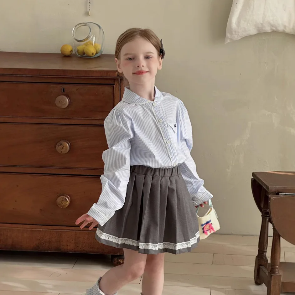 Girls Shirts 2025 Spring and Autumn Ballet Academy Style Lace Shirt Children Blue and White Striped Bow Top