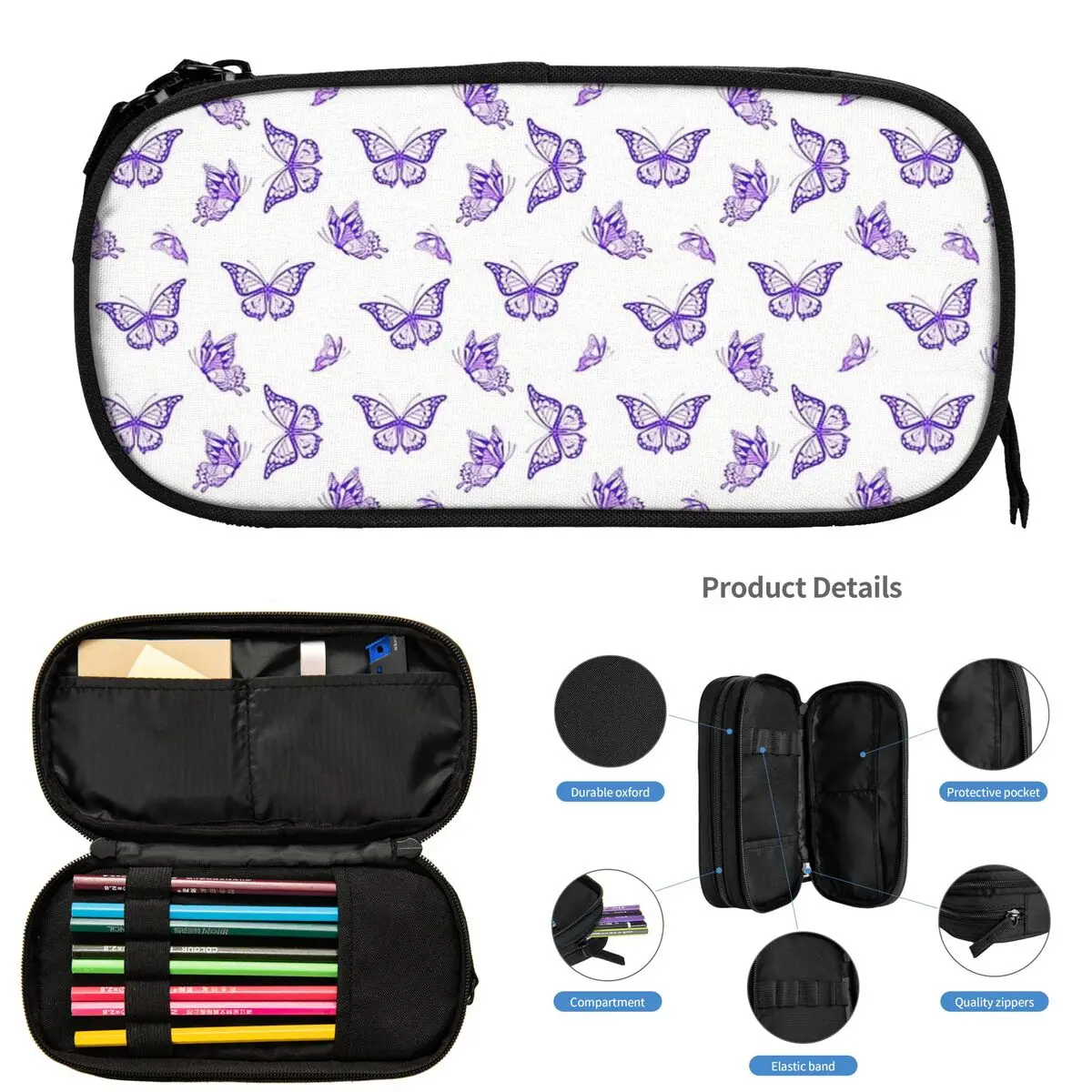 

Фиолетовые пеналы с принтом бабочки для студентов, подарки, коробка для ручек, сумка для карандашей, большая сумка для хранения, держатель для ручек