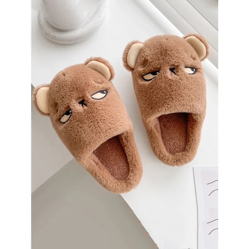 2026 New Winter Cute Bear Plush Slippers For Men Soft Warm Open Toe Slip On Shoes Non Slip Indoor Household Casual Footwear
