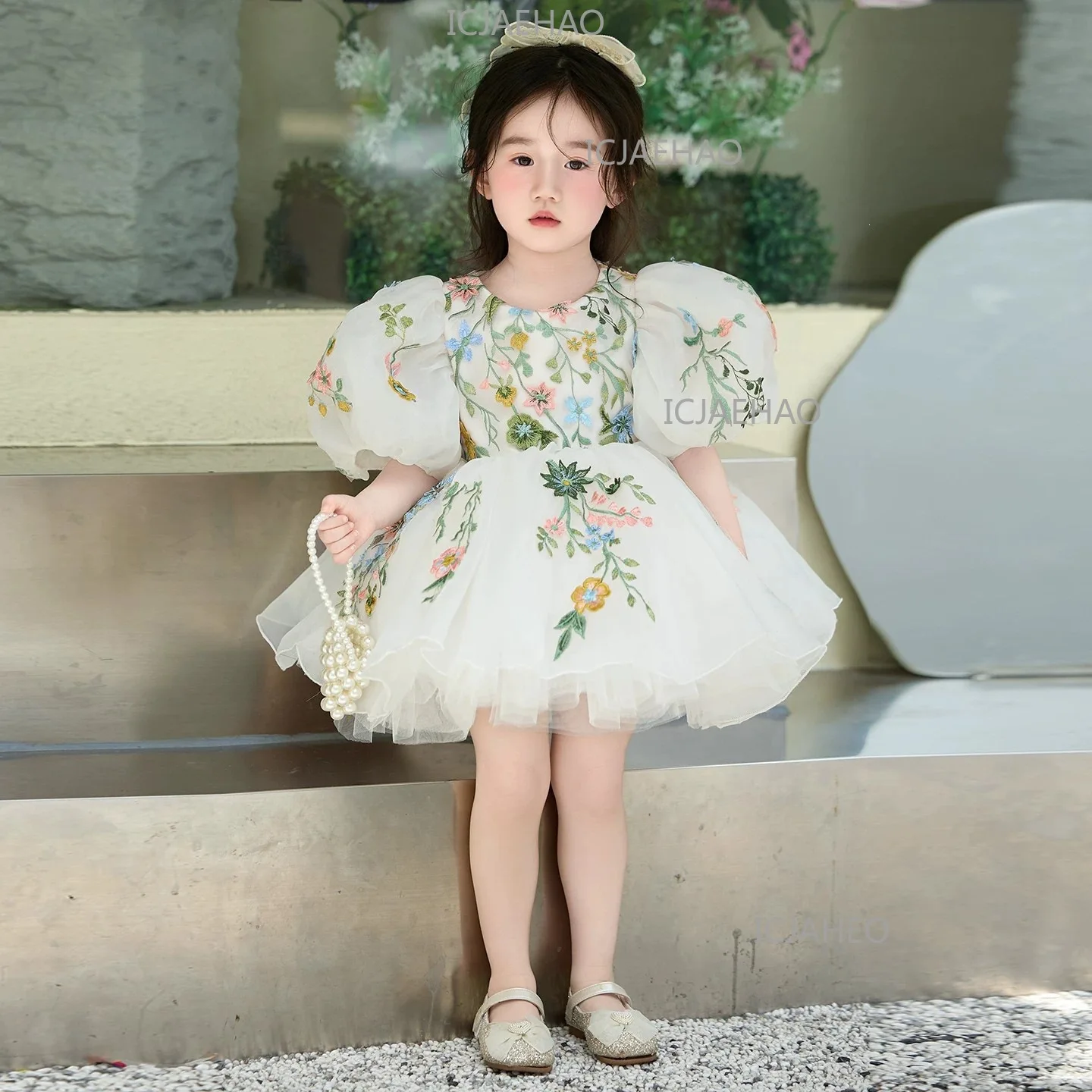 Puff Sleeve Embroidered Floral Kids Princess Tulle Dress, High-End Gown For Birthday Banquet & Piano Performance Kids Dresses