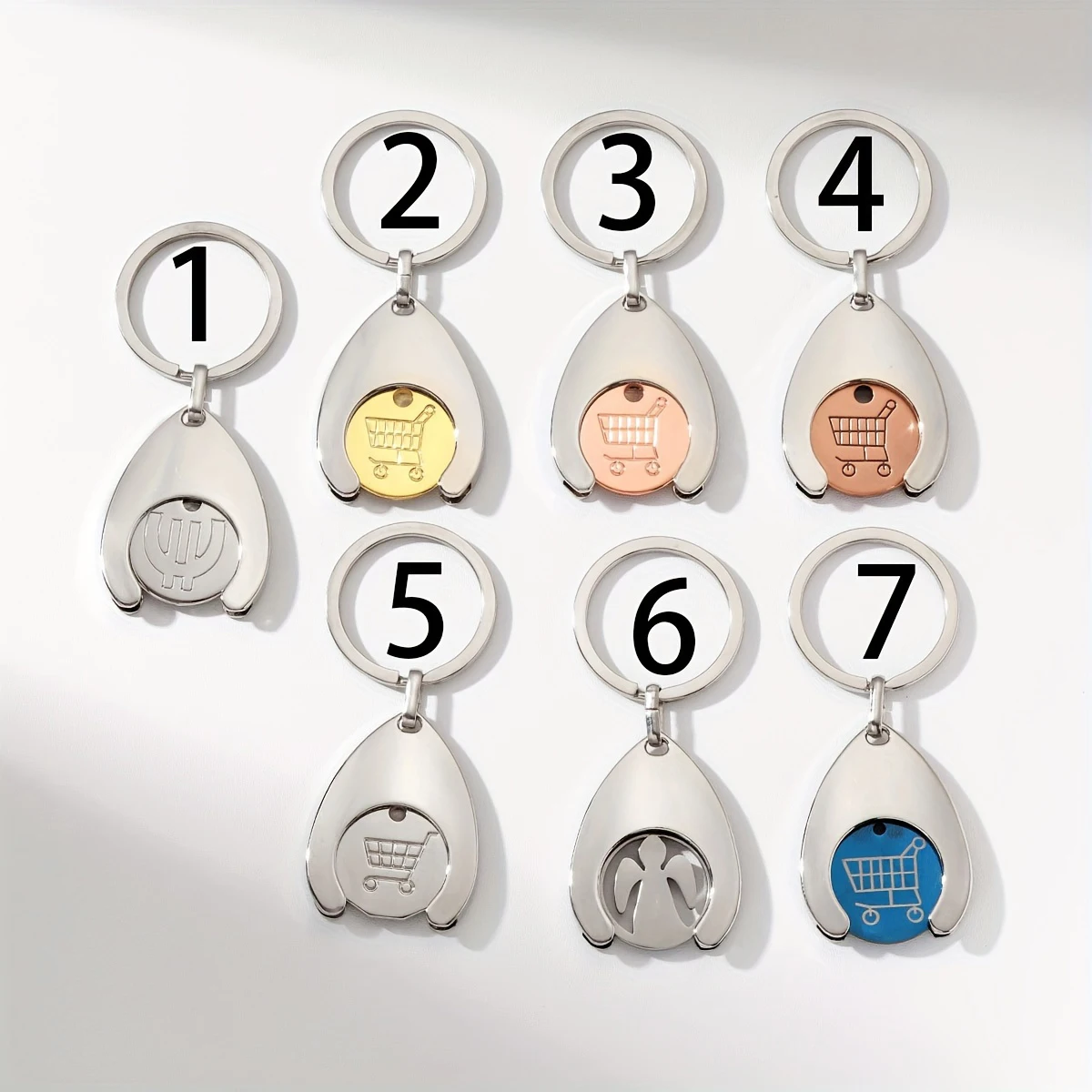 1 unidad, carrito de compras, dólar estadounidense, euro, llavero de coche brillante de Ángel, llavero de ficha de metal, pequeño carrito de compras de regalo, colgante