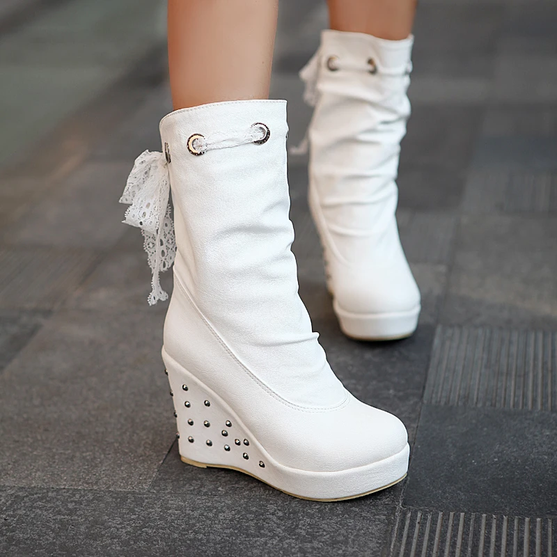 Wedge Heeled Ankle Boots For Woman High Heel Mid-calf Botas