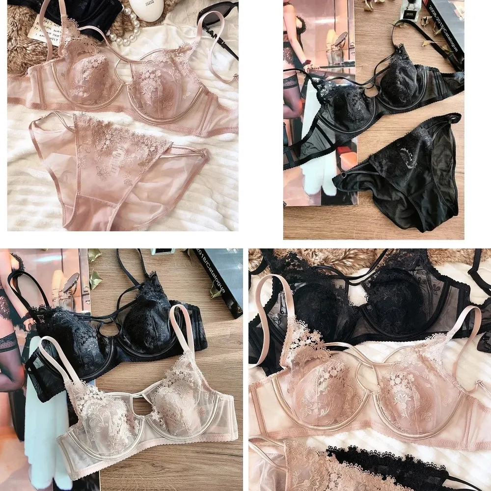 

Sexy Ultra Thin Bra & Panty Set with Steel Ring, Strappy Deep V Bralette for Large Breasts