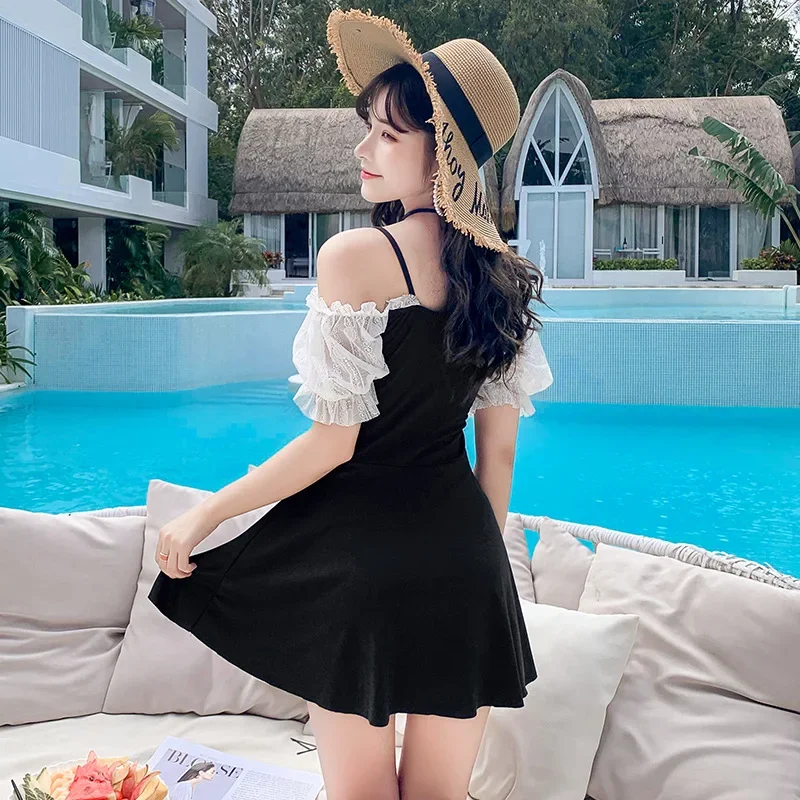 New 2024 Swimwear Women Boxer Shorts Swimming Suit Flounce V Neckline Korean Swimsuit Skirt One Piece Set Women Summer Plus Size