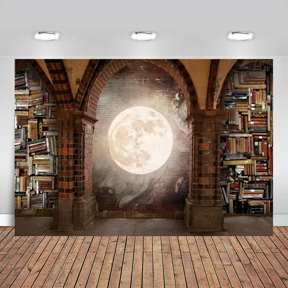 Bookshelf Backdrop Vintage Brick Wall Arch Wall Magic Books Ancient Library Vinyl Photography Background Reading Room Bookshelf