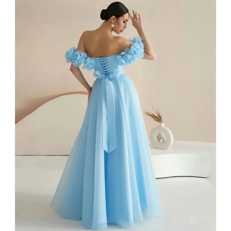 Robe de Soirée Longue Bleu Clair avec Fleurs Faites à la Main, Tenue de Bal Trapèze, Longueur au Sol, Formelle, pour Femme