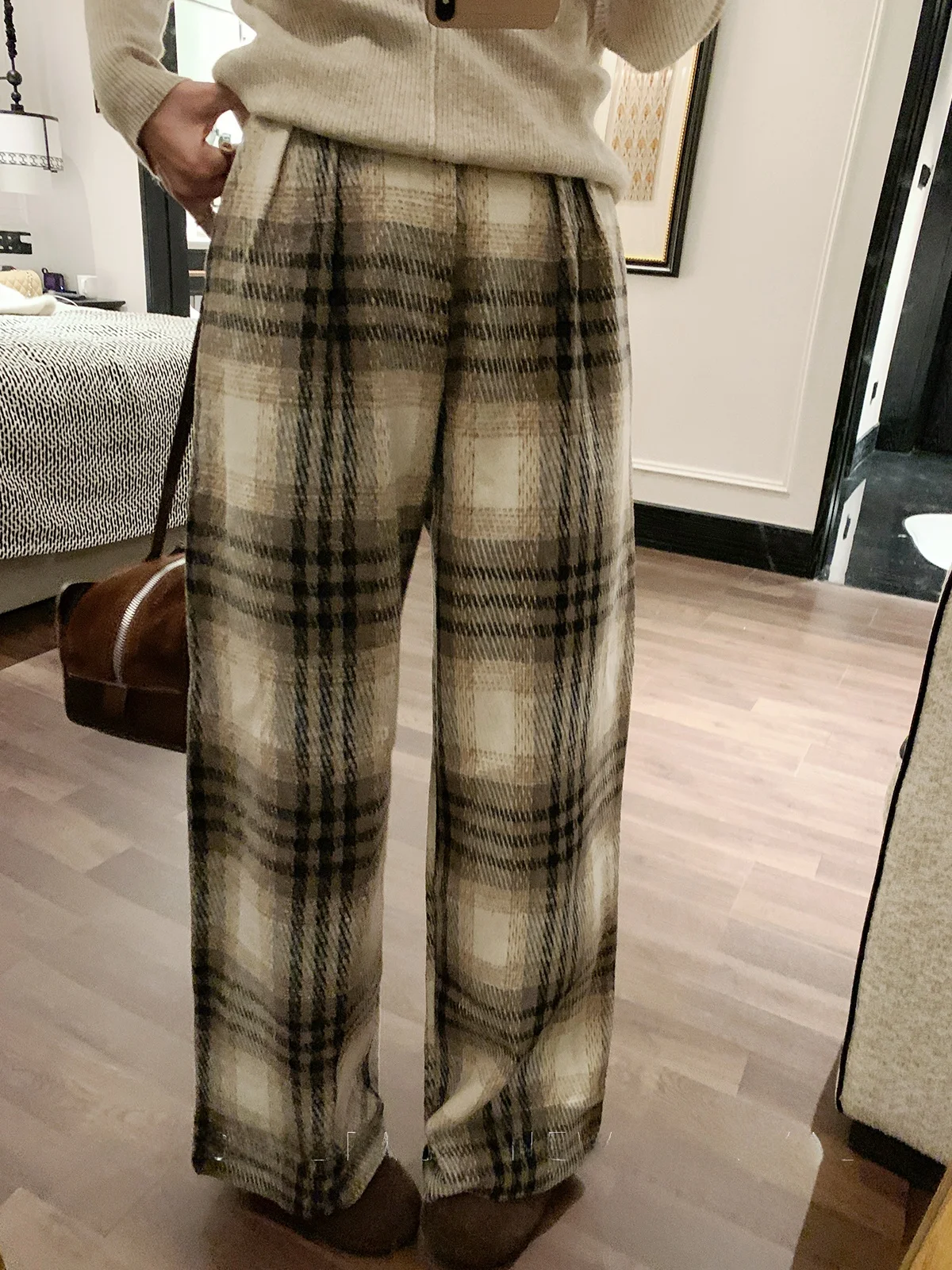 

Утепленные шерстяные повседневные брюки для женщин: винтажные в клетку, свободные, широкие, с высокой талией, прямого кроя, осенне-зимняя новинка