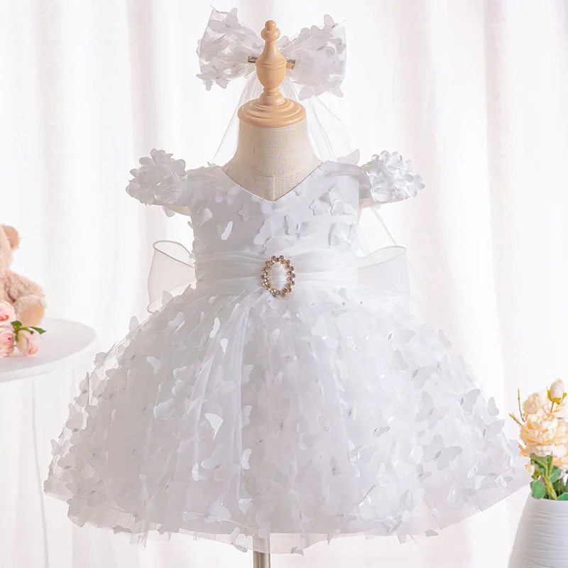 New Stumbling Baby Girl Butterfly Fluffy Gauze Dress Girls First Birthday Washing Dress Newborn Formal Christmas Dinner Clothing